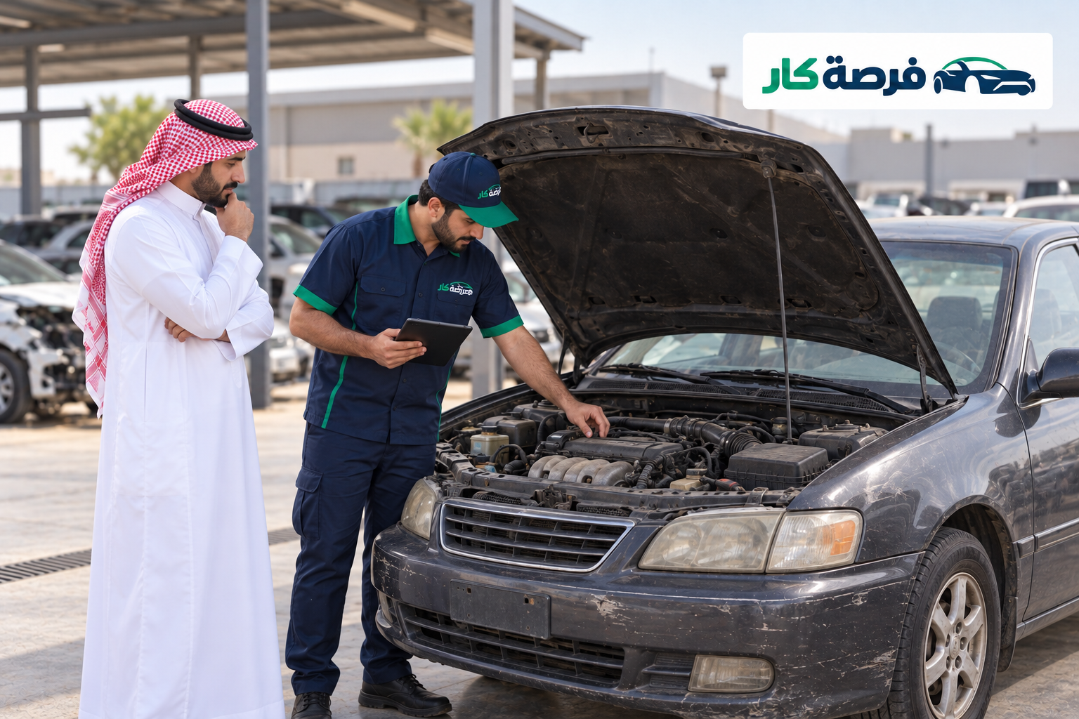 فني فرصة كار يفحص محرك سيارة مصدومة أمام العميل