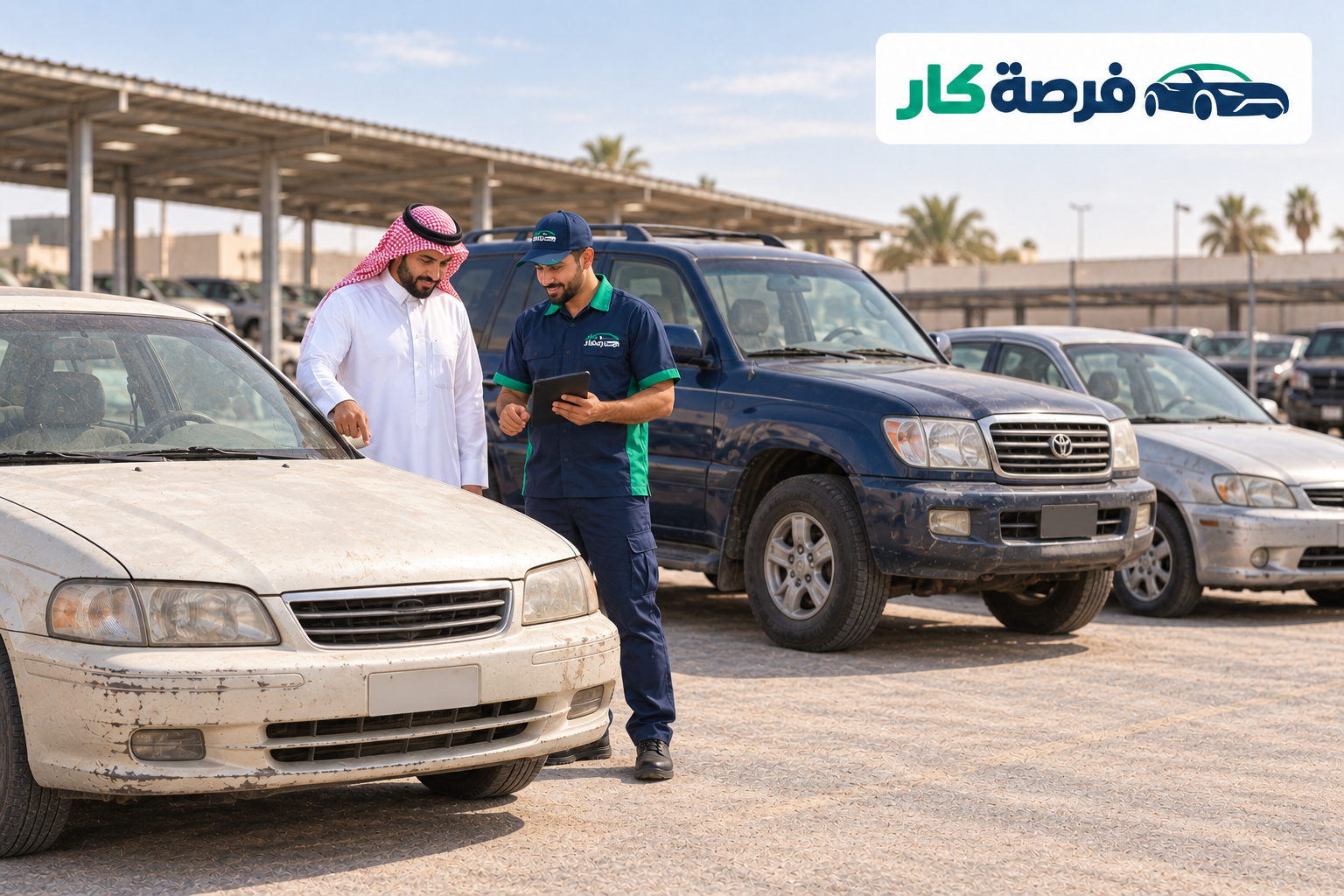 فني فرصة كار يعاين سيارة متعطلة مع العميل في الساحة
